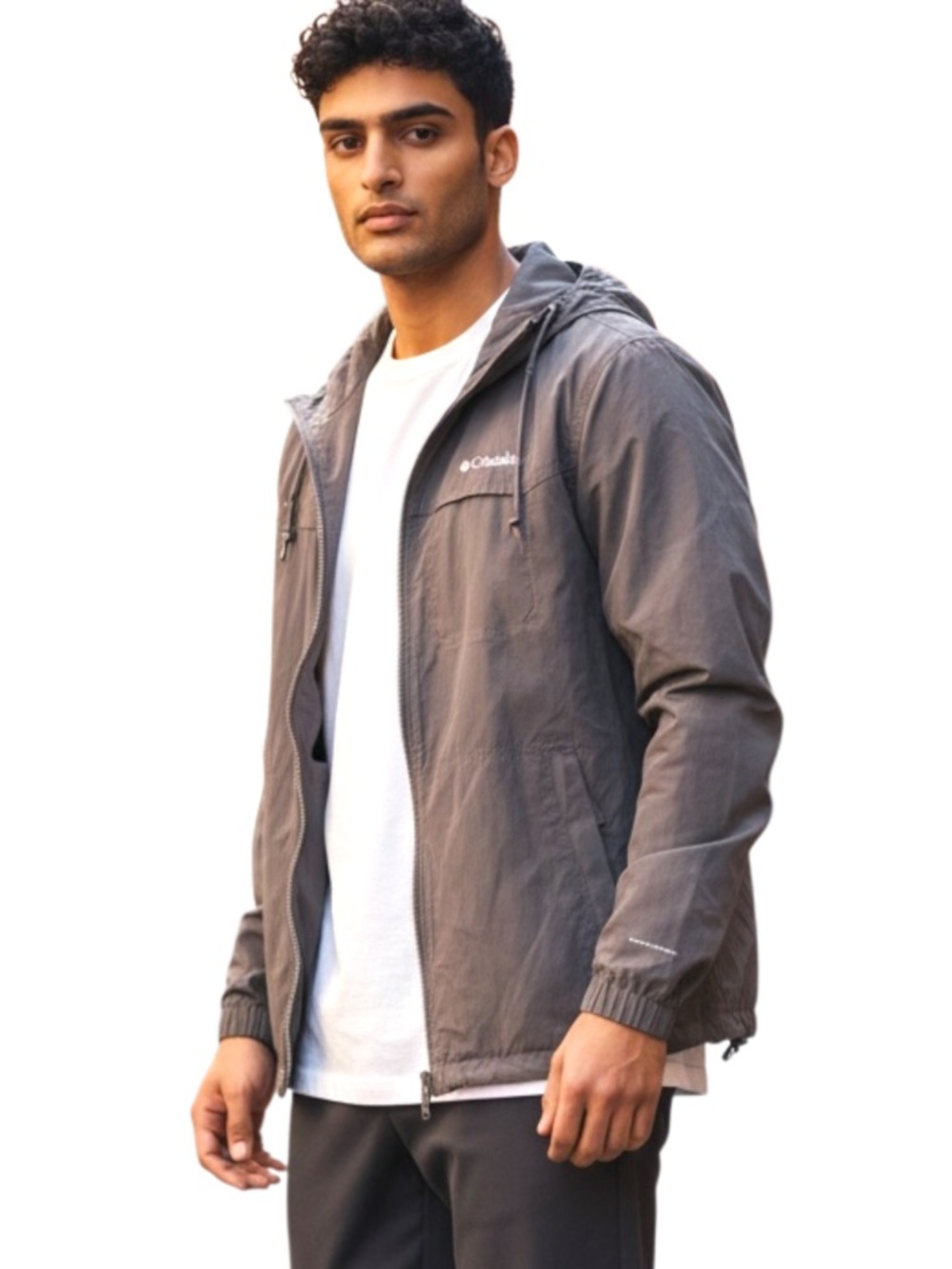 Columbia Grey Hooded Water-Resistant Cotton Blend Windbreaker Jacket (M)